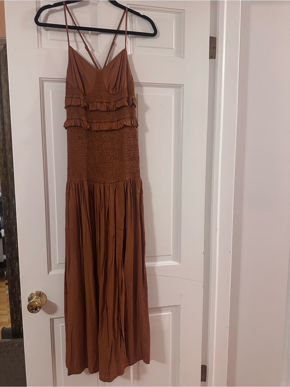 SHEIN Rust Brown Ruffle Smocked Maxi Dress